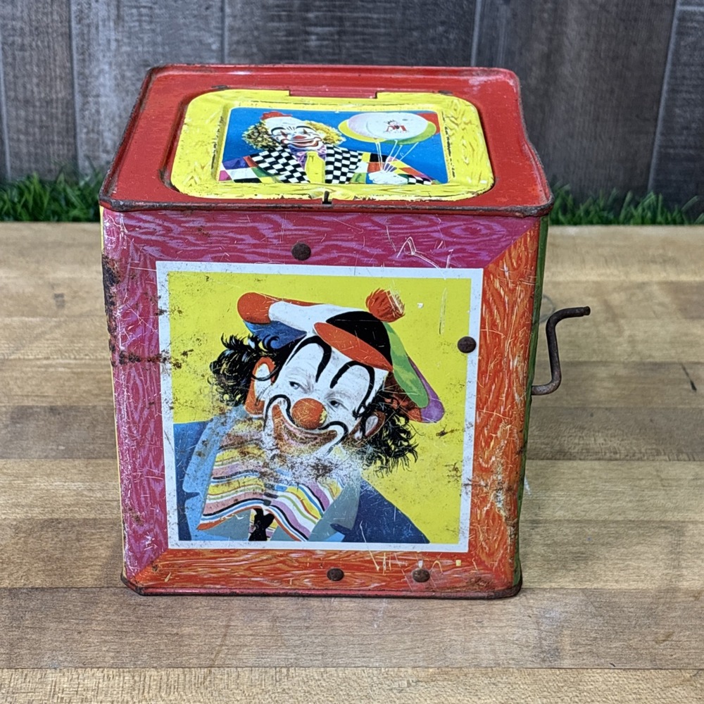 Vintage Tin Litho Clown Jack in the Box Toy Hand Crank Non Working Decor Restore